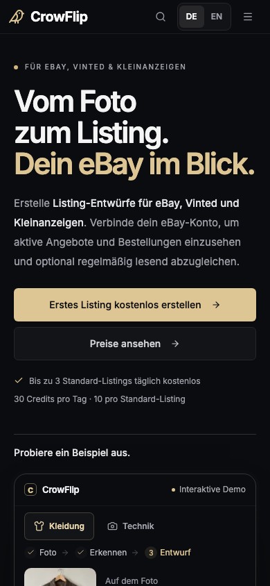 Handyansicht der CrowFlip-Startseite mit dem Einstieg Vom Foto zum Listing und den nächsten Schritten