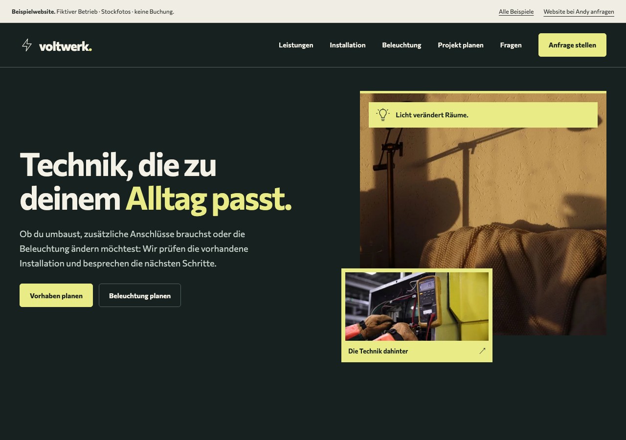 Seitenansicht der Beispielwebsite Voltwerk