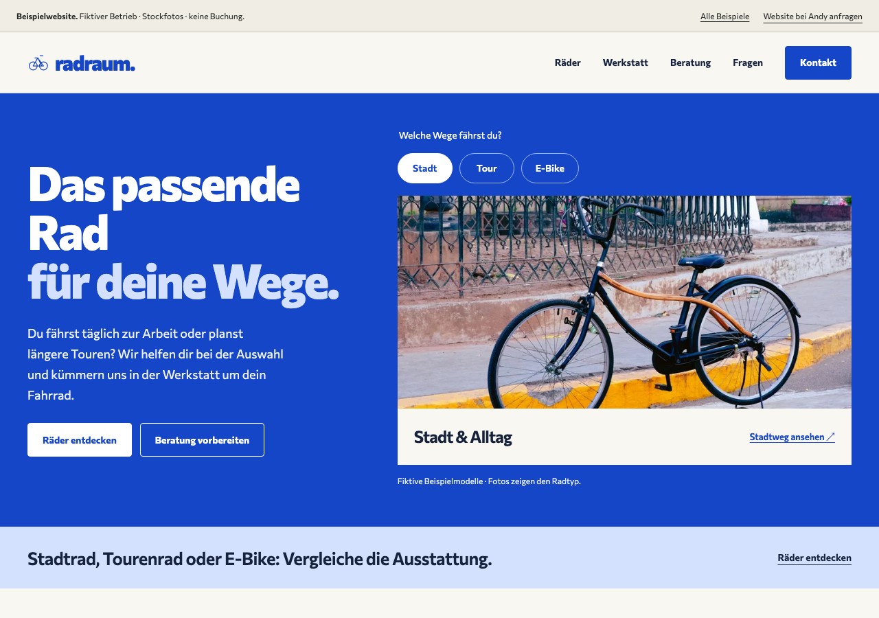 Seitenansicht der Beispielwebsite Radraum