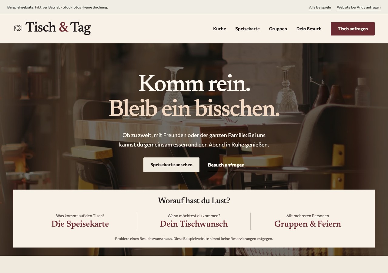 Seitenansicht der Beispielwebsite Tisch & Tag