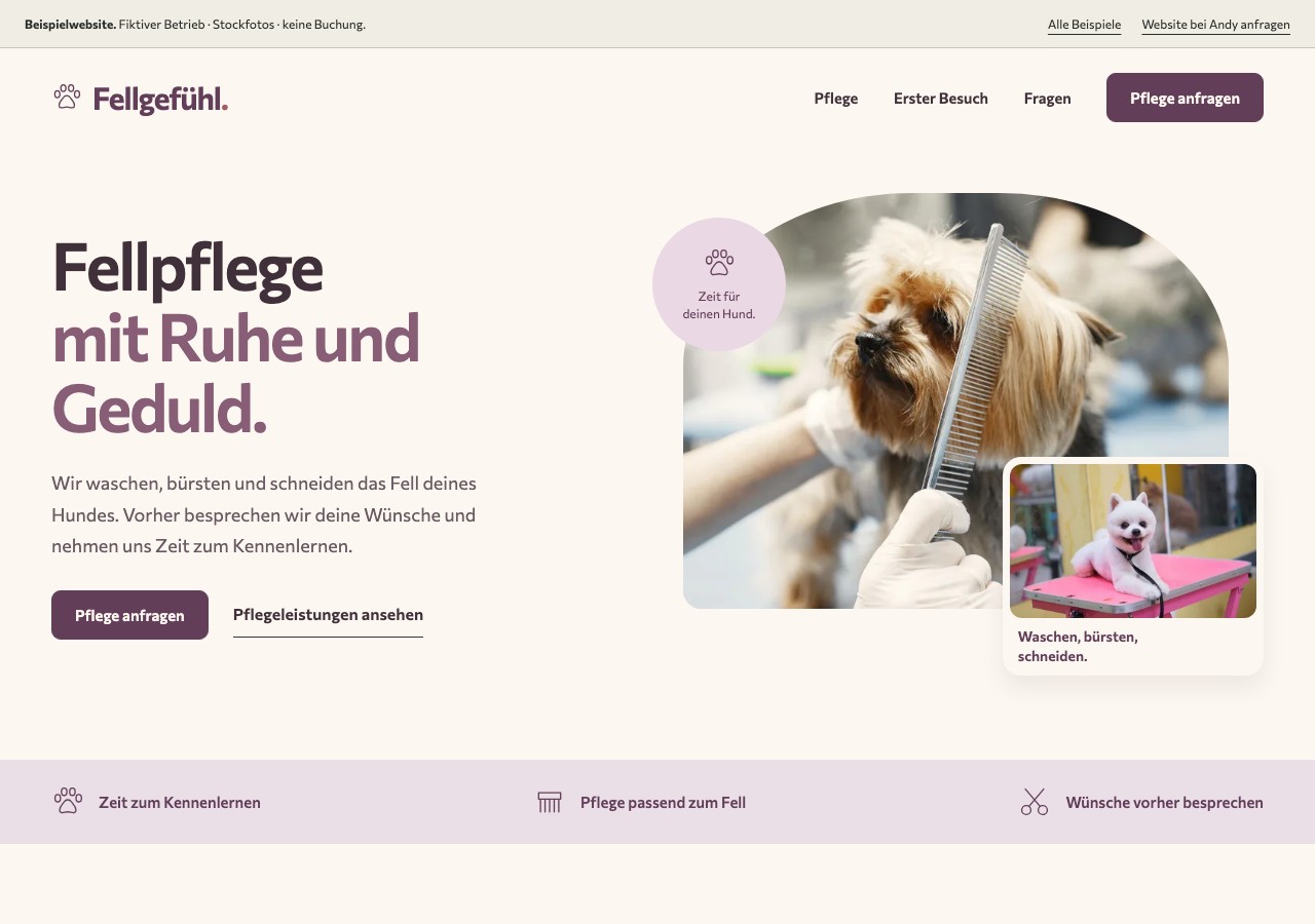 Seitenansicht der Beispielwebsite Fellgefühl