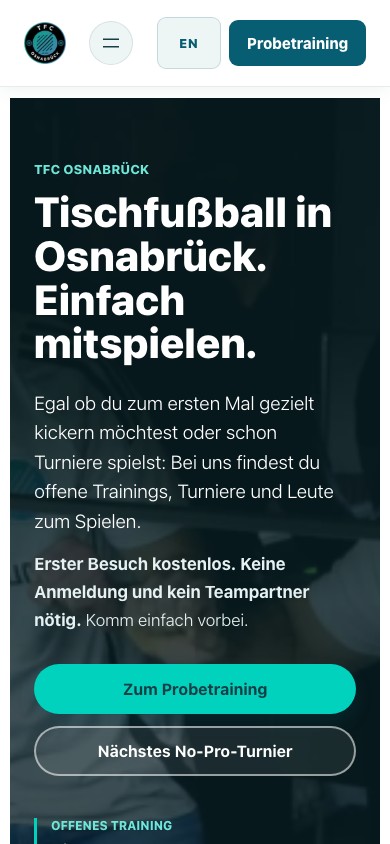 Echte Handyansicht der TFC-Startseite mit Menü, Probetraining und dem Einstieg Einfach mitspielen