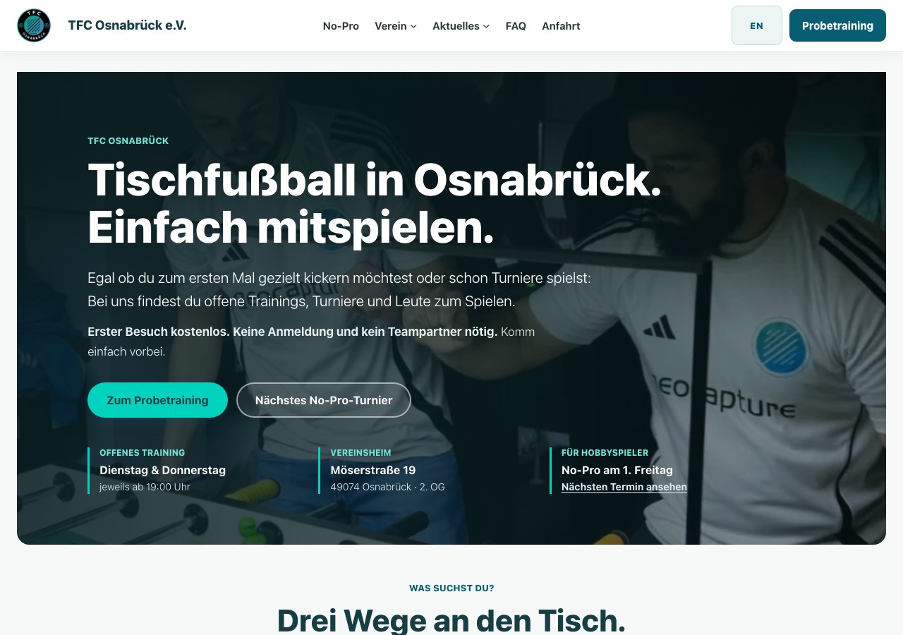 Startseite des TFC Osnabrück mit Angeboten für Tischfußball